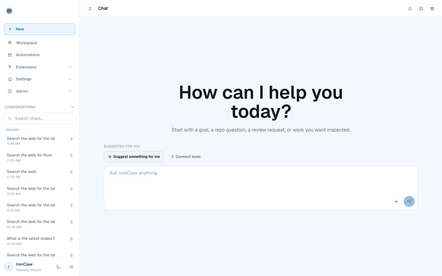 Once you are in: New, Workspace, Automations, Extensions, Settings. Running entirely on 127.0.0.1.