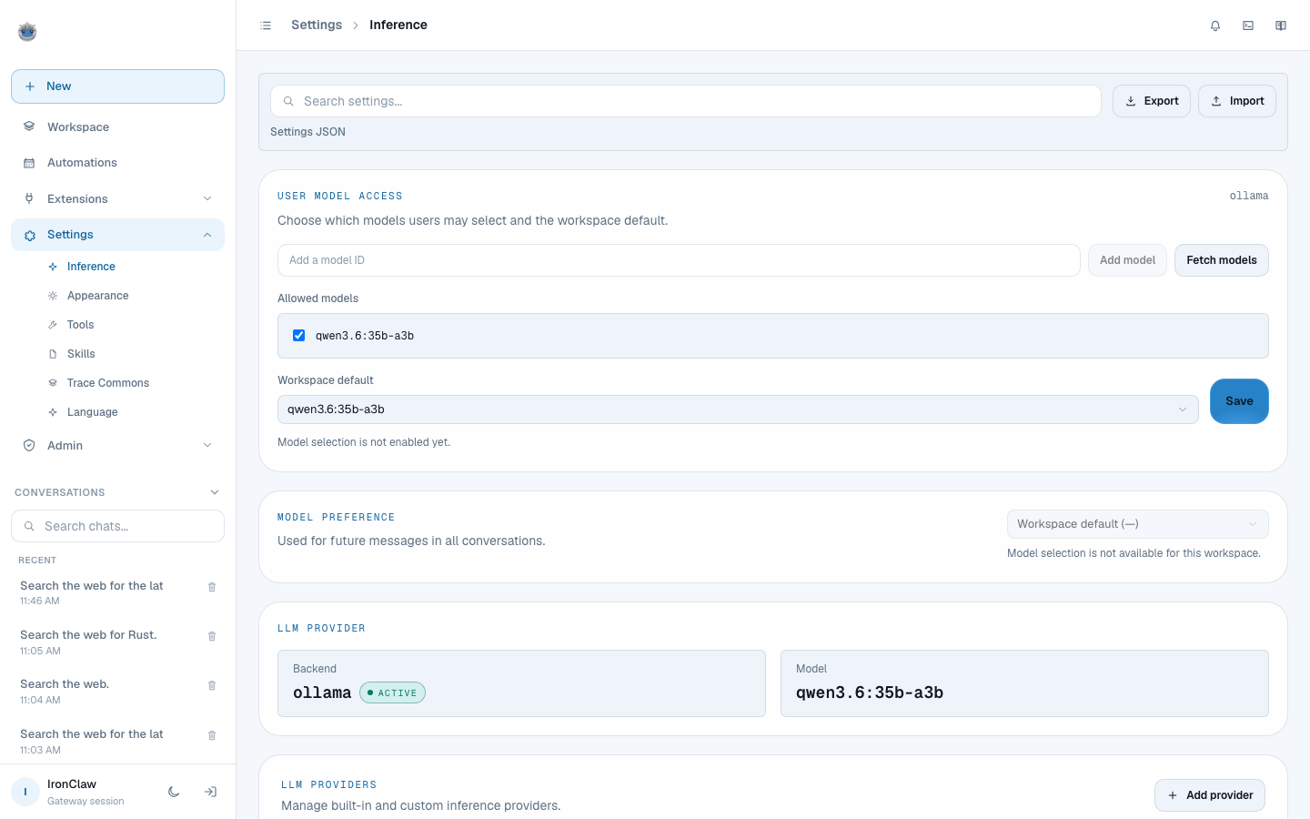 Settings, Inference. Backend ollama, marked ACTIVE, running qwen3.6:35b-a3b. No API key anywhere, because there is none to enter.