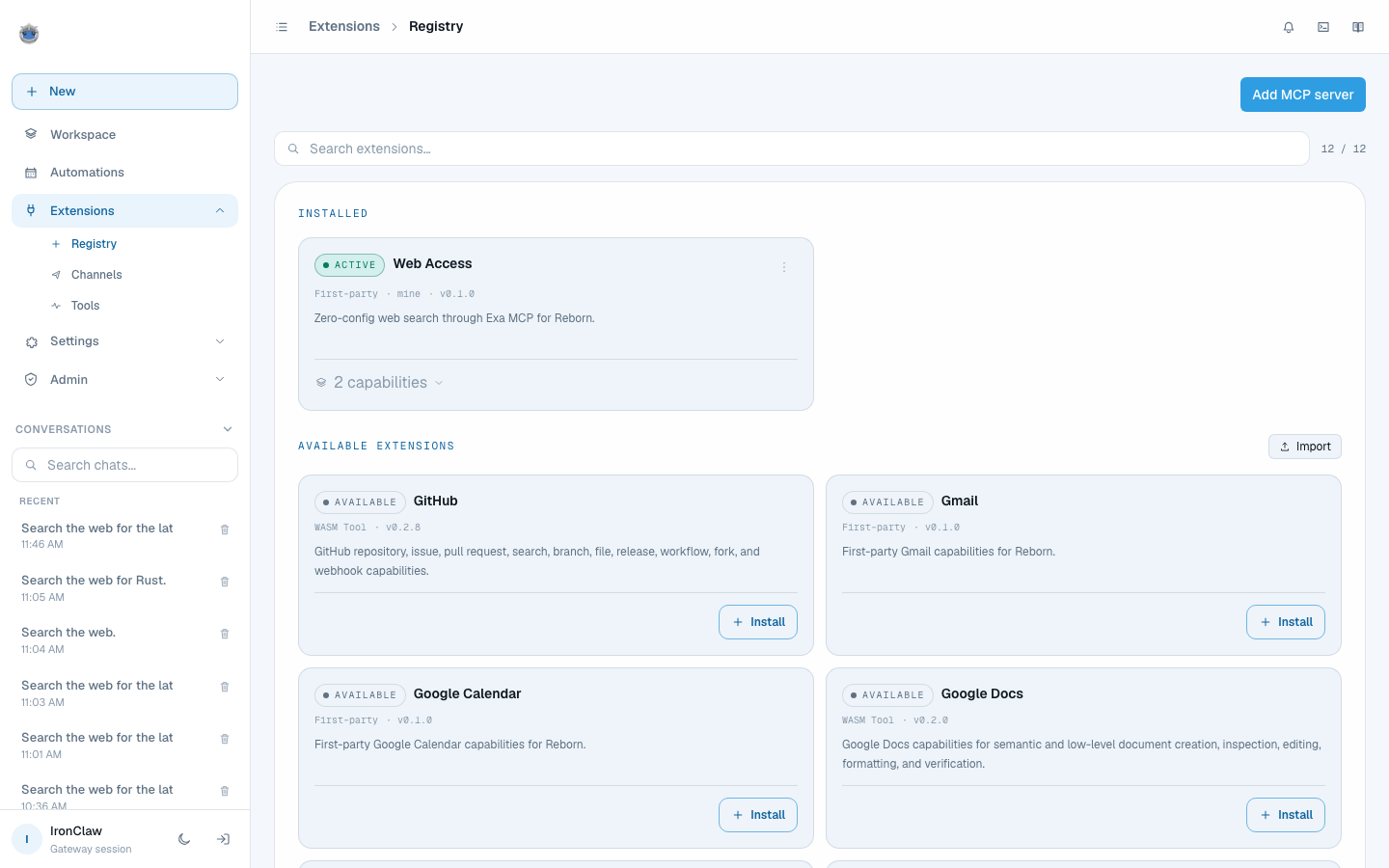 Extensions. Web access is installed and active, publishing two capabilities: search and get_content.