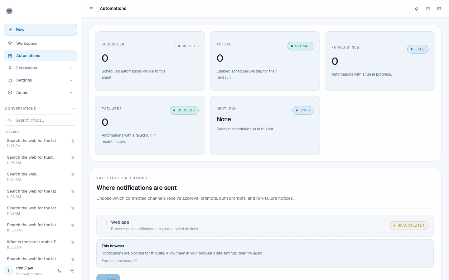 Automations. Cron, heartbeat, and event triggers, all created by describing them in plain language.